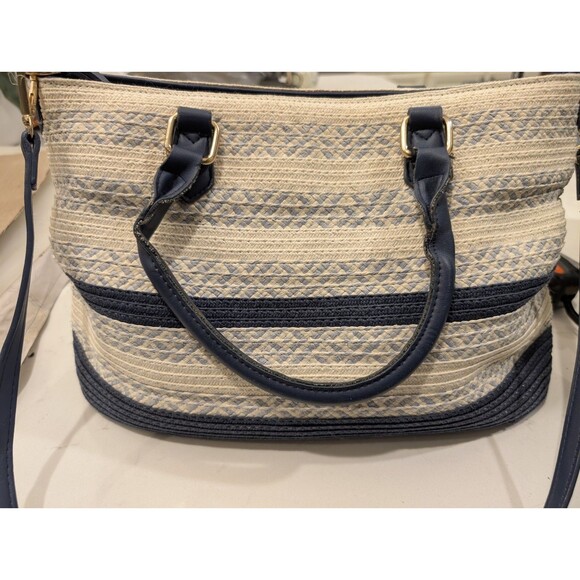 Handbags - Blue And White Straw Top Handle Crossbody Bag Purse